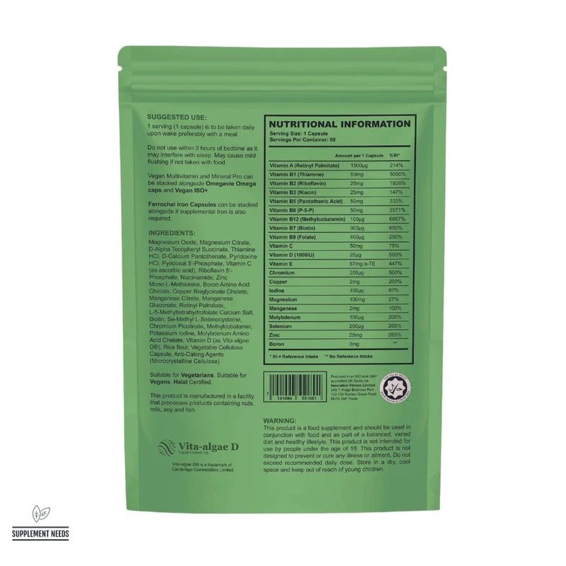 SUPPLEMENT NEEDS VEGAN MULTIVITAMIN AND MINERAL PRO 60 CAPSULES